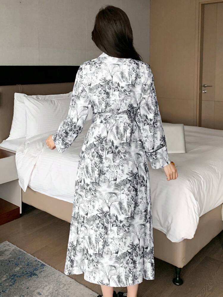 Plant Outline Print Contrast Color Belt Design Kimono Robe Pajama