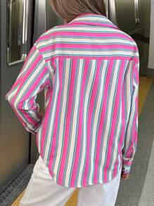 INAWLY Women Striped Print Button Front Long Sleeve Shirt