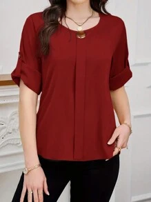 SHEIN Clasi 女士纯色圆领优雅卷袖衬衫，适合通勤 - 紅色 - 查看 4