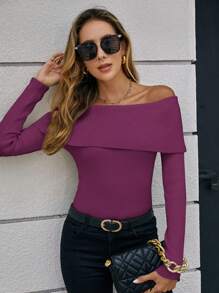 SHEIN Clasi 女士纯色露肩长袖修身毛衣，秋冬 - 中紫紅色 - 查看 3