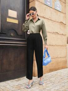 Mulvari Blusa elegante de hombro caído de unicolor para mujer, tops de manga larga para primavera y otoño - Verde Oliva - Ver 5