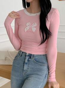 DAZY 女士春秋季蝴蝶结刺绣圆领长袖修身T恤，秋季女装印花T恤