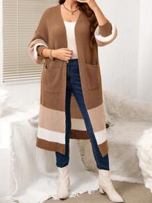 Áo len cardigan dài tay kẻ sọc hở vai thường ngày cỡ lớn dành cho nữ, mùa thu đông - Lạc đà - Xem 3