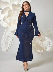 Modelyn Plus Size Keyhole Neck Hollow Out Twist Detail Long Sleeve Dress Long Evening Dresses Fall Cloth For Women - Navy Blue - View 5