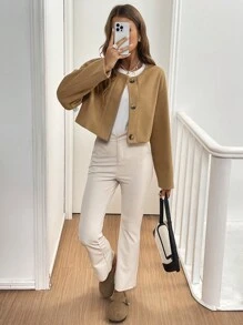 SHEIN Frenchy Women's Solid Color Front Button Long Sleeve Minimalist Cropped Top, Casual Daily Wear
