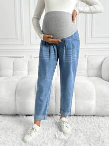 SHEIN Maternity Loose Splicing Casual 7/8 Jeans - Multicolor - View 5