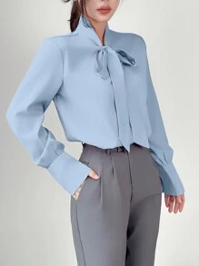 EMERY ROSE 女士春夏纯色系带长袖优雅衬衫 - 淺藍色 - 查看 8