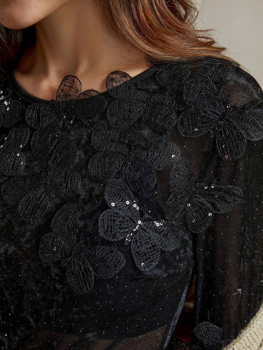 Anewsta Women's Spring Autumn Rhinestone Decor Crew Neck Long Sleeve Bodysuit - Black - View 1