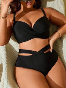 Plus Size Zomer Strand Effen Kleur Ondersteunende Spaghetti Bandjes Uitgehold Vakantie Bikini Set
