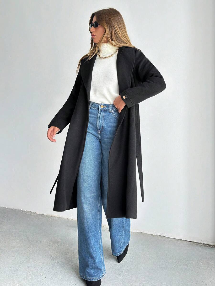 SHEIN PETITE Women's Solid Lapel Neck Belted Overcoat - Black - View 1