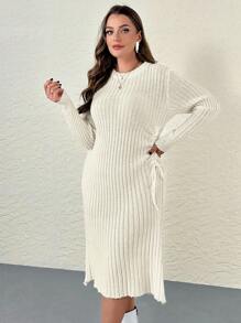 SHEIN Privé Plus Size Women's Solid Color Round Neck Long Sleeve Drawstring Casual Sweater Dress - Apricot - View 1