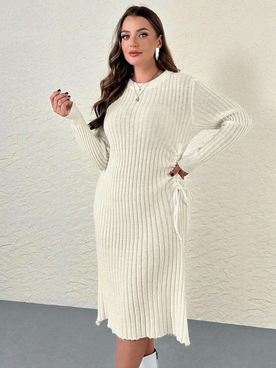 SHEIN Privé Plus Size Women's Solid Color Round Neck Long Sleeve Drawstring Casual Sweater Dress - Apricot - View 1