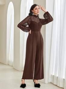 Modelyn 女式纯色立领蕾丝灯笼袖连体裤，春夏 - 咖啡棕 - 查看 1