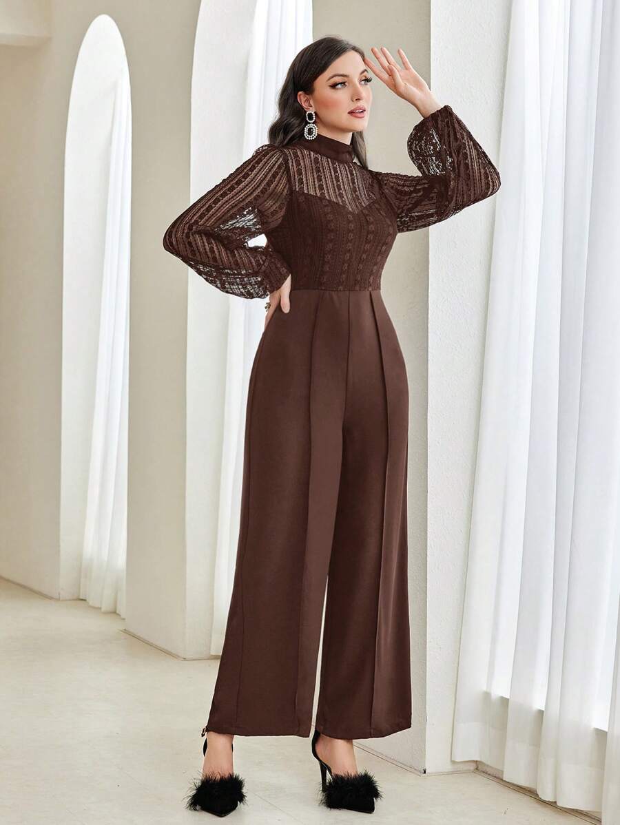 Modelyn 女式纯色立领蕾丝灯笼袖连体裤,春夏 - 咖啡棕 - 查看 1