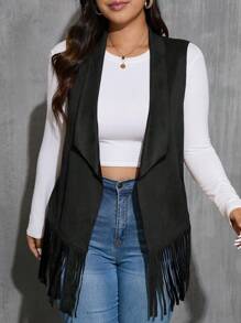 SHEIN Essnce 大码女式春秋季纯色麂皮流苏常规背心夹克 - 黑色 - 查看 6