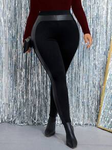 SHEIN Clasi Plus Size Simple Solid Color Patchwork Leggings, Casual Everyday Wear Fall Cloth For Women - Black - View 3