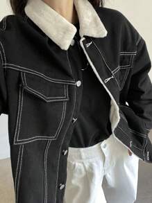 Dazy-Less 女式前扣长袖休闲保暖牛仔夹克 Old Money 风格，保暖内衬秋冬 - 黑色 - 查看 1