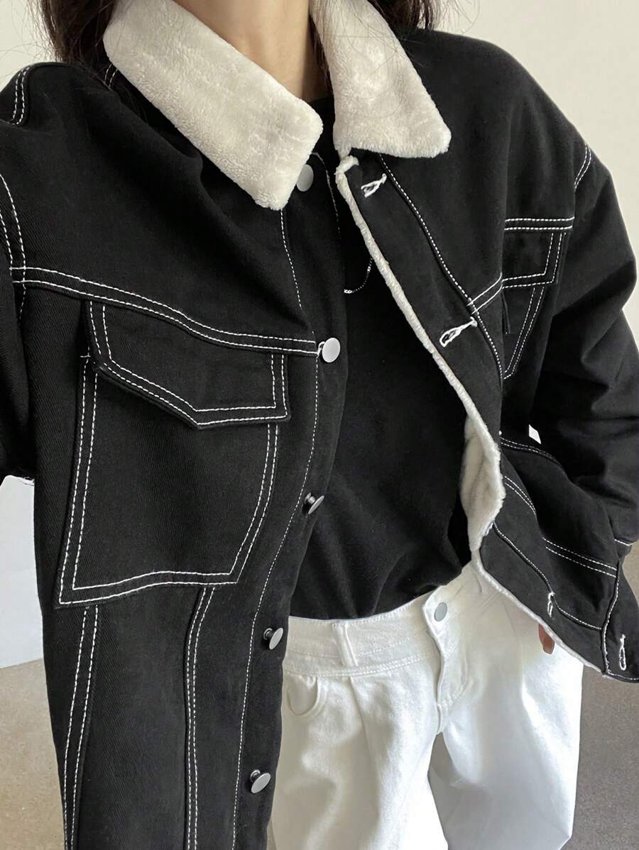 Dazy-Less 女式前扣长袖休闲保暖牛仔夹克 Old Money 风格，保暖内衬秋冬 - 黑色 - 查看 1