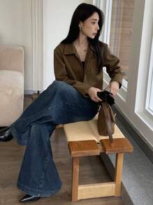 DAZY 女士纯色前拉链长袖短款夹克，新款秋季 - 卡其色 - 查看 5