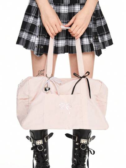 Kawaii Vintage Cute Bowknot Embroidered Pink Nylon Travel Tote Bag + Bowknot Ribbon + Pearl Decor Tennis Shoulder Bag, 3-In-1 Set