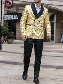 Calvornis Men's Contrast Color Sequin Decorated Long Sleeve Top And Solid Color Pants Suit - Yellow - View 3