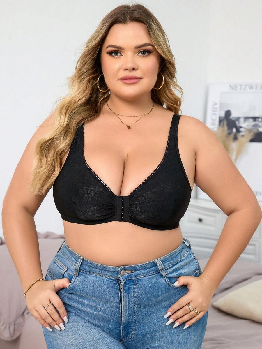 1 pieza Sujetador sin aros de talla grande con cierre delantero y tejido jacquard suave - Negro - Ver 1
