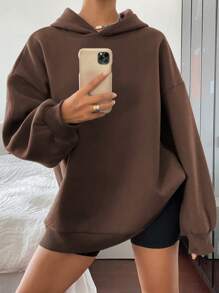 DAZY Áo nỉ có mũ, màu trơn, dáng rộng, thích hợp mặc mùa thu, áo hoodie giữ nhiệt. - Cà phê nâu - Xem 3