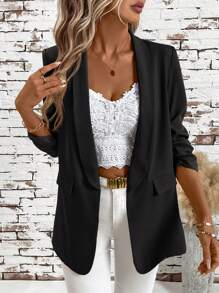 SHEIN Clasi Women's Classic Camel Color Office Commuter Blazer - Black - View 3