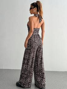SHEIN Unity Bộ đồ liền thân ống rộng buộc dây họa tiết da báo mùa hè cho nữ - Nhiều màu - Xem 2