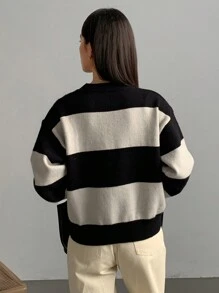 FRIFUL Suéter grueso de mujer con rayas y malla en contraste
