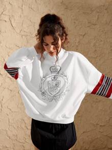 Menodora SHEIN Sport Sweatshirt High Collar Long Sleeves Loose Casual Striped Print Women Sports Sweatshirts - White - View 5
