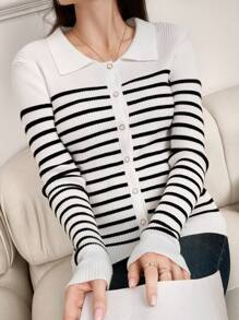 Mulvari Women's Long Sleeve Button Front Striped Casual Blouse - Black and White - View 4