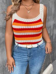 SHEIN LUNE Plus Size Loose Stripes Knit Tank Top, Casual Everyday Wear - Multicolor - View 5
