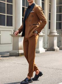 Manfinity Mode 男士春秋拼色翻领长袖西装外套和裤子，商务休闲装