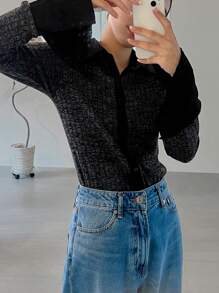 FRIFUL Women's Spring Autumn Ribbed Long Sleeve Buttoned Form-Fitting Contrast Color T-Shirt