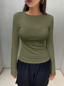 DAZY 女士纯色保暖内衬长袖 T 恤，秋冬学院风上衣，秋季女装 - 深灰色 - 查看 4