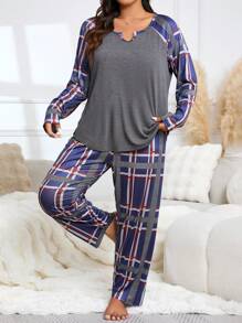 Conjunto de pijama de pantalón y parte superior de contraste de color a cuadros de manga raglán casual de primavera y otoño para mujeres de talla grande