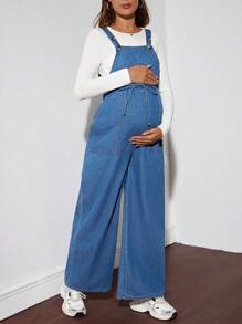 SHEIN 孕妇牛仔背带裤和连体裤，休闲宽松背带裤，蓝色，孕妇装 - 藍色 - 查看 3