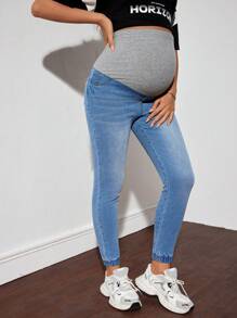 SHEIN Maternity Casual Skinny Stretch Cropped Jeans, Blue - Blue - View 5