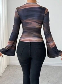 Calvaya Tie-Dye Print Asymmetric Pleated Collar Flared Sleeve T-Shirt Graphic Tees Women Tops