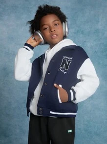 SHEIN Chaqueta de manga larga informal con patrón deportivo de letras y color de contraste para niños preadolescentes - azul real - Ver 1