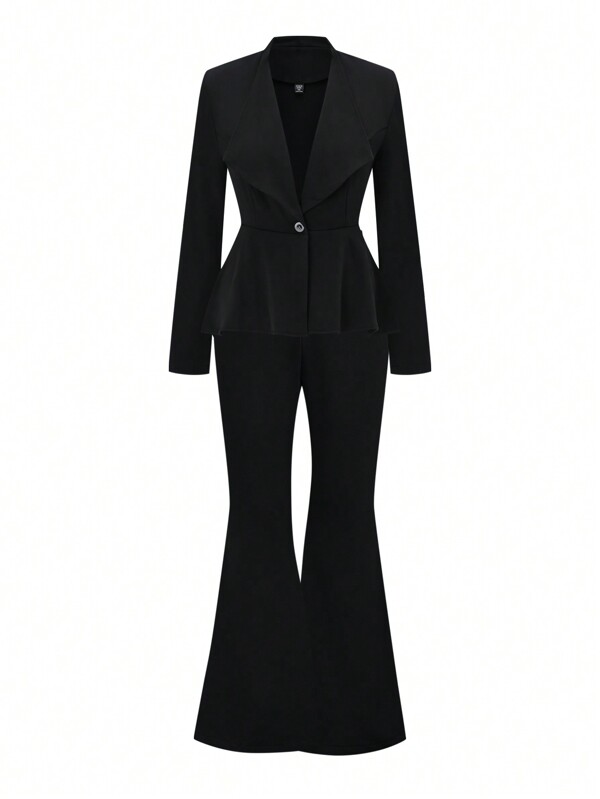 SHEIN Clasi Plus Size Ladies Collared Asymmetrical Hem Blazer Jacket And Flare Pants Elegant Office Suit Graduation,Back To School,Teacher Outfits For Women