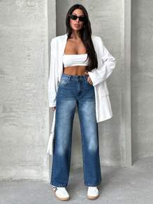 SHEIN Cottnline 100% Cotton WOMEN STRAIGHT LOW WAIST JEANS - Medium Wash - View 1