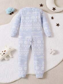 Young Boy Cozy Polar Bear & Iceberg Print Blue & White Long Sleeve Jumpsuit Snug Fit Sleepwear, For Christmas - Blue and White - View 6