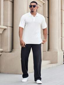 Manfinity Homme Plus Size Men's Casual Solid Short Sleeve Polo Shirt, Summer - White - View 4