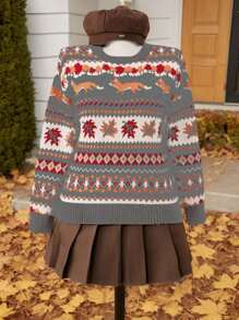 Flirla 大码圆领落肩狐狸树叶图案针织套头衫，适合秋季和冬季穿着 - 淺灰色 - 查看 1