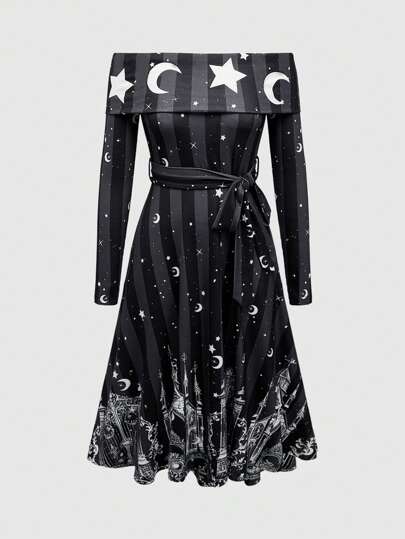 Grunge Punk Vestido casual de manga larga con hombros descubiertos y estampado todo sobre con lazo para mujeres