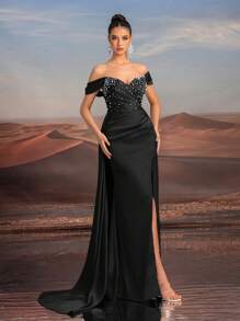 Glamrae Vestido de noche elegante y grácil con hombros descubiertos, escote princesa, silueta ajustada de sirena, con volante delantero, ribete con cuentas, espalda descubierta con abertura alta y tren desmontable, para ocasiones formales, bodas, fiestas. Vestido de noche negro para invitados de boda, graduación, cena.