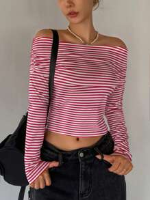 DAZY Christmas Women's Striped Off Shoulder Slim Fit T-Shirt