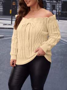 SHEIN Privé 大码纯色露肩长袖系带休闲针织毛衣 - 米色 - 查看 3